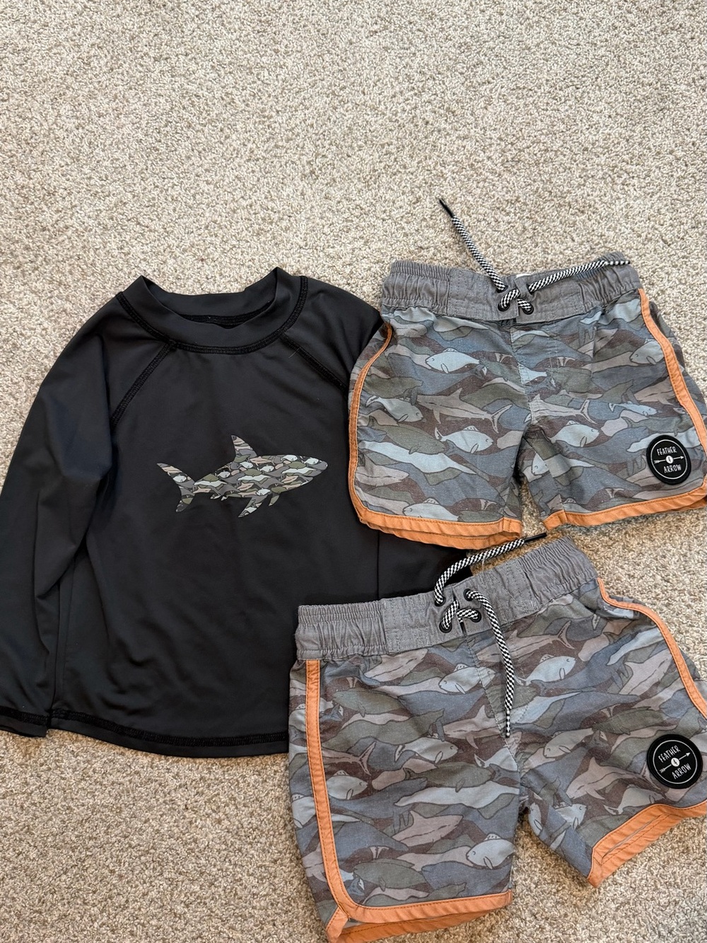 Kids Black Shark Rash Guard Set Gray Camo Swim Shorts feature 4 arrow for Peek